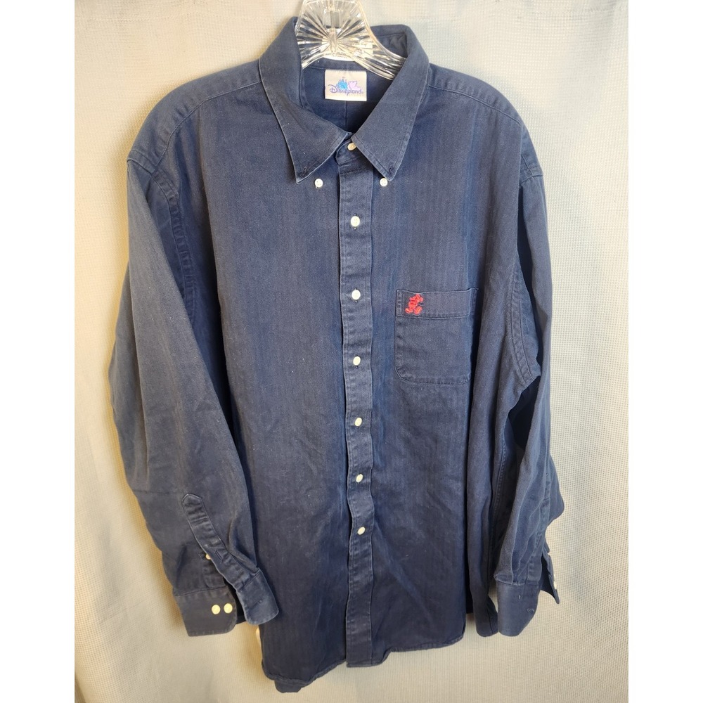 Vintage Disneyland Resort XL Single Needle Tailor Cotton MICKEY Blue Dress Shirt